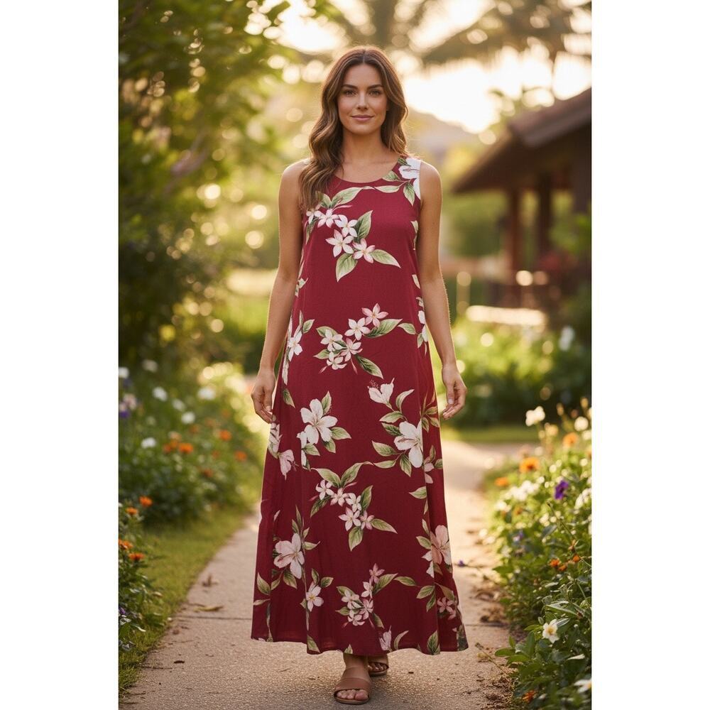 Hilo Hattie Hawaiian Red Hibiscus Floral Maxi Dress L Tropical Resort Aulani